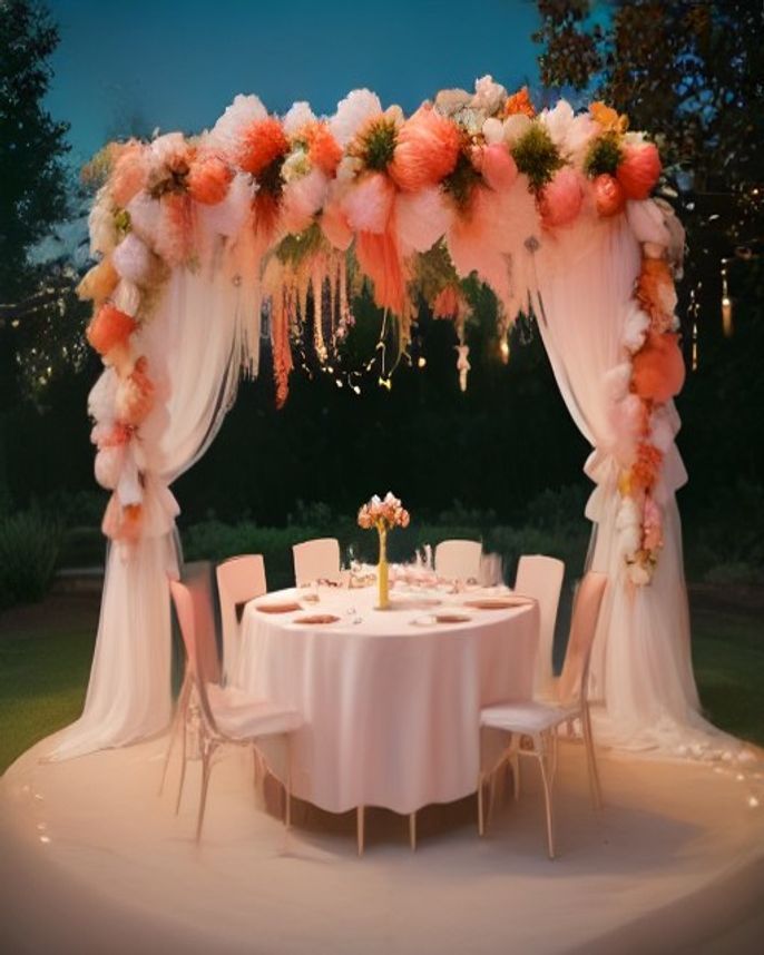 Elegant outdoor party setup with balloon arch, string lights and a decorated table